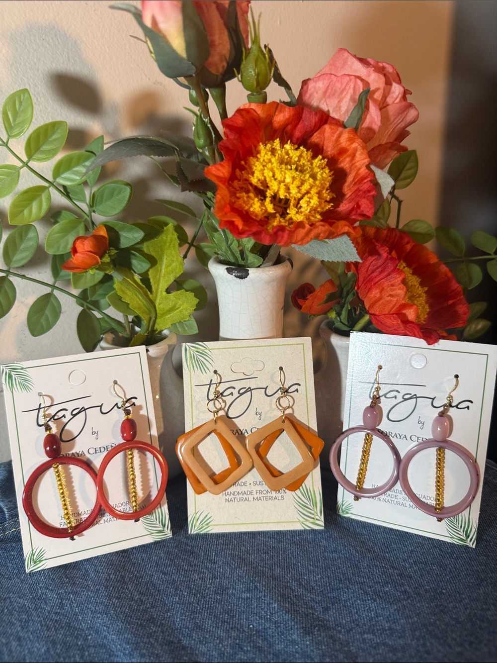 Tagua 3Pairs Earrings in Colorful Geometric Hoops - Red, Orange, Mauve